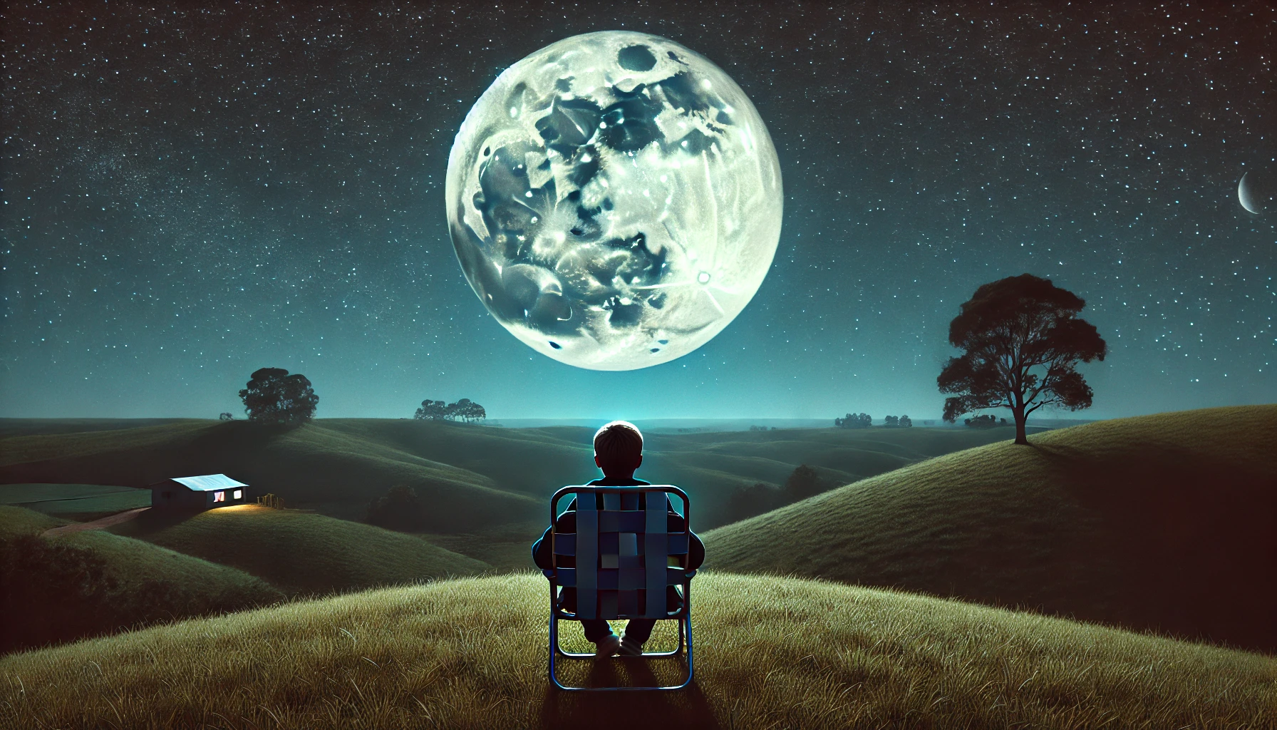 A boy sitting and looking at the moon image